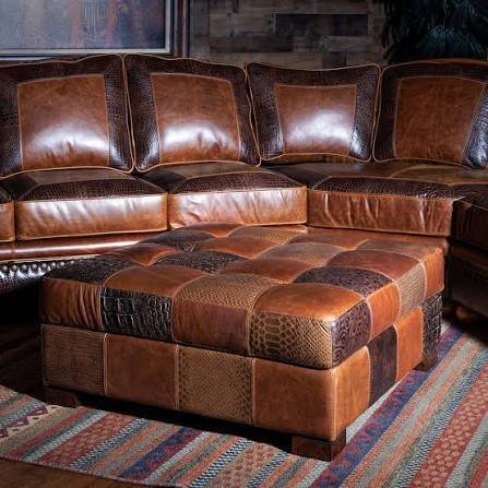 Large patchwork leather ottoman with mixed embossed leathers
