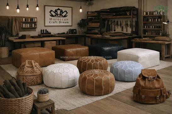 Workshop floor filled with finished leather poufs and ottomans